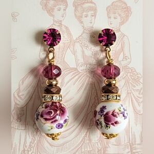 Victorian Red Roses Porcelain & Glass In Cottagecore Drop Earrings Gold Plated